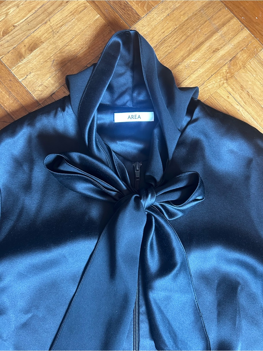 Area Silk Bomber Jacket Womens Size S Black Excellent Bow Tie Neck - Picture 7 of 8